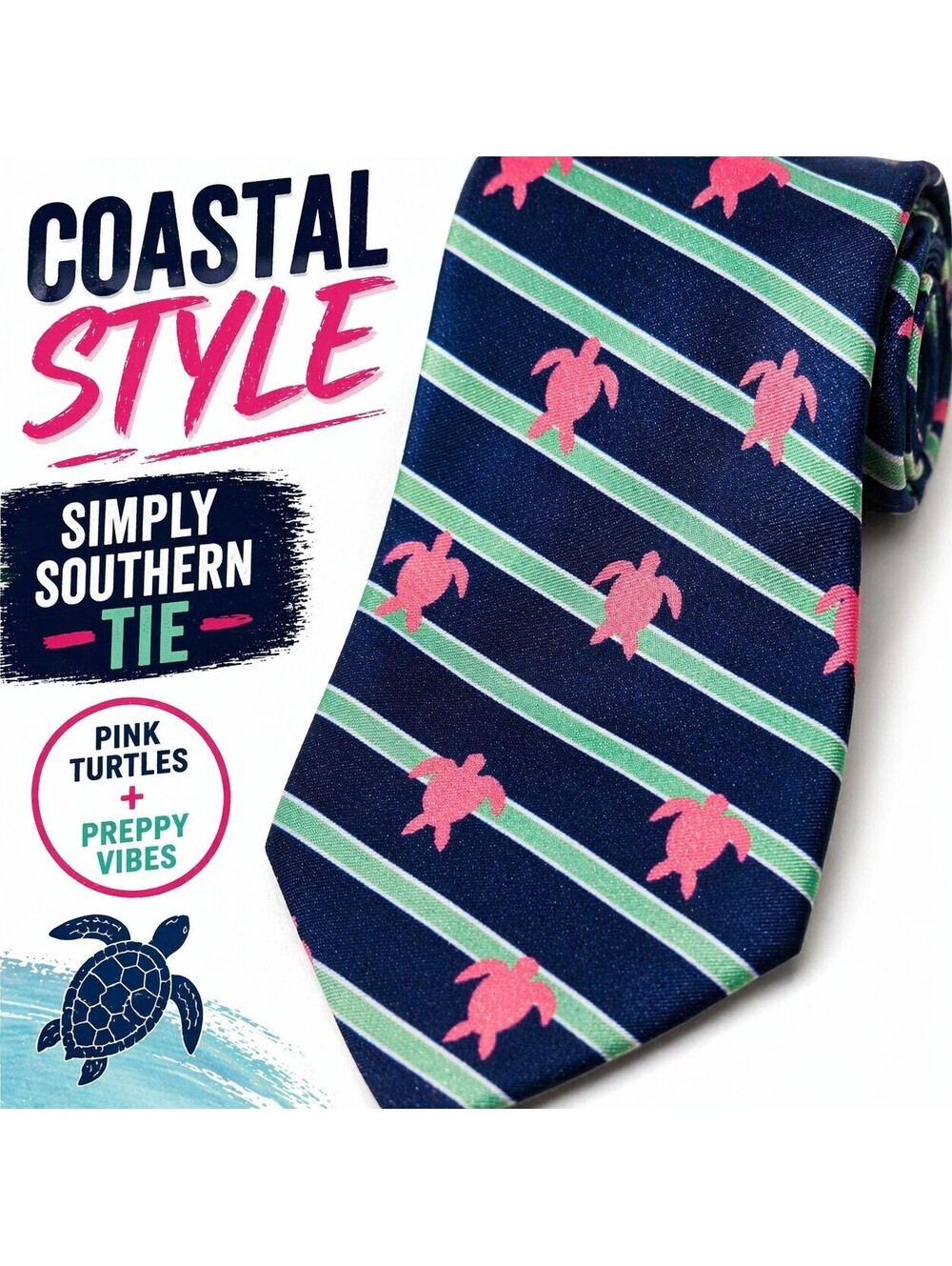 Simply Southern Turtle Necktie Navy Pink Sea Turtles Green Stripe Coastal Preppy